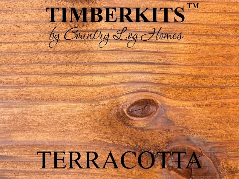 Sample of wood Terracotta stain with logo Timberkits by Country Log Homes